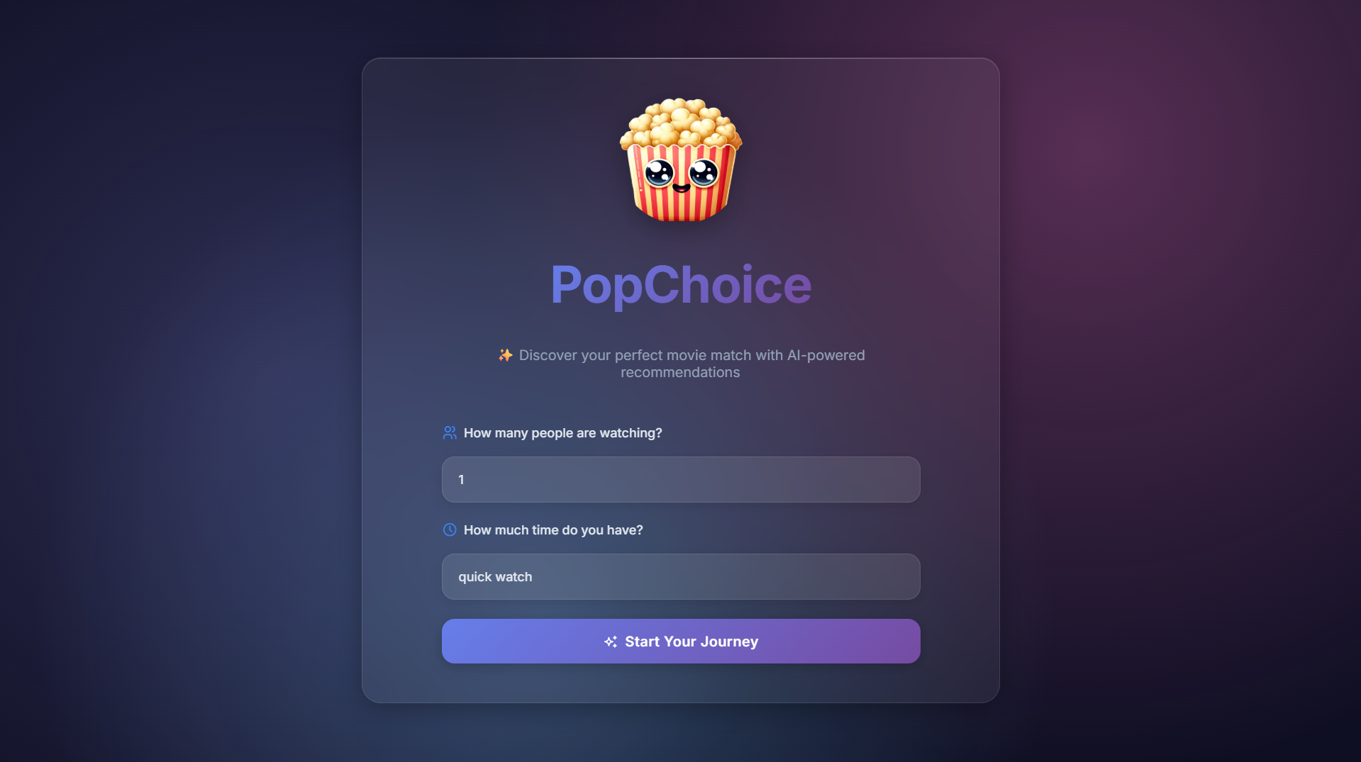 PopChoice movie recommendation interface