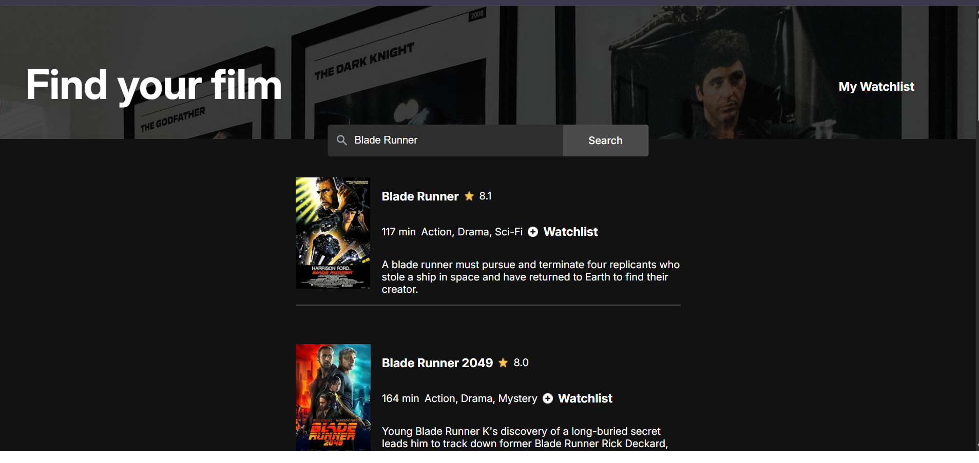 Screenshot of Movie Watchlist application